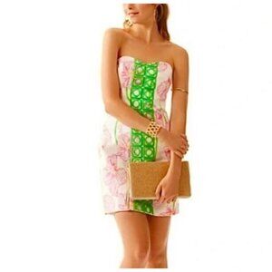 Lilly Pulitzer Angela Dress Womens 0 Resort White Clover Cup Strapless Floral